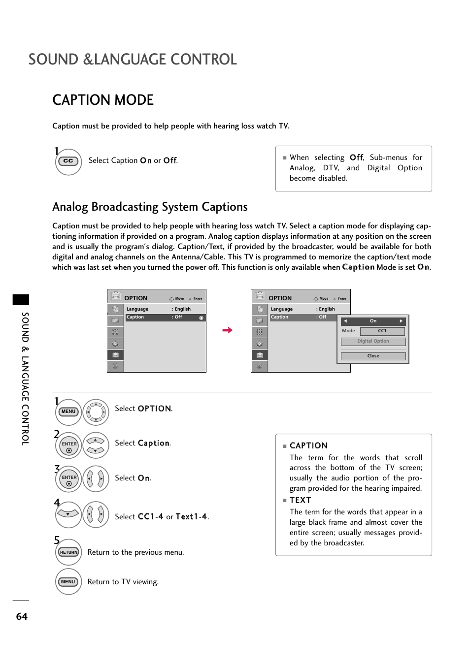 Sound &language control, Caption mode, Analog broadcasting system captions | Sound & langu a ge contr ol | LG 263DCH User Manual | Page 66 / 88