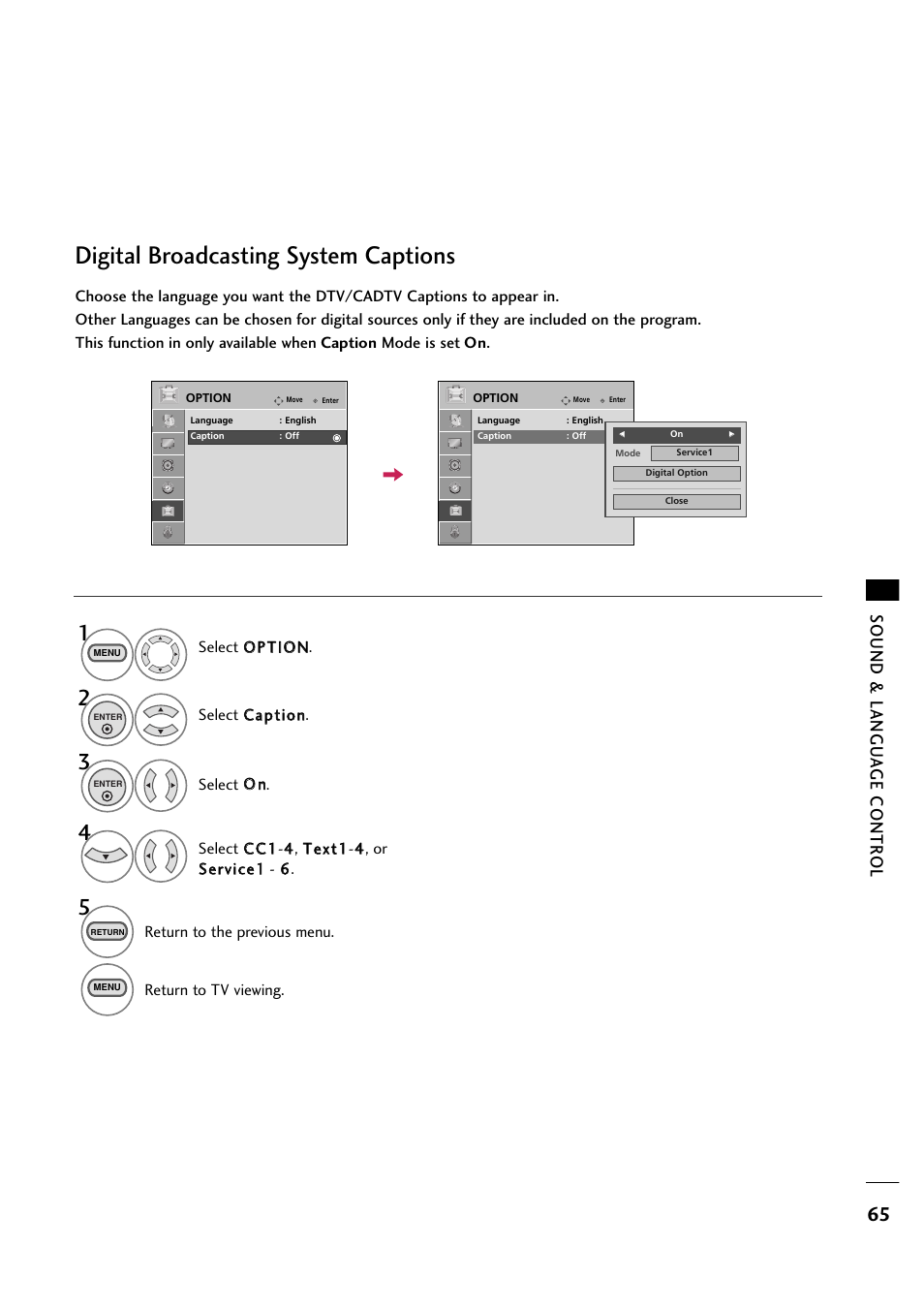 Digital broadcasting system captions, Sound & langu a ge contr ol | LG 263DCH User Manual | Page 67 / 88