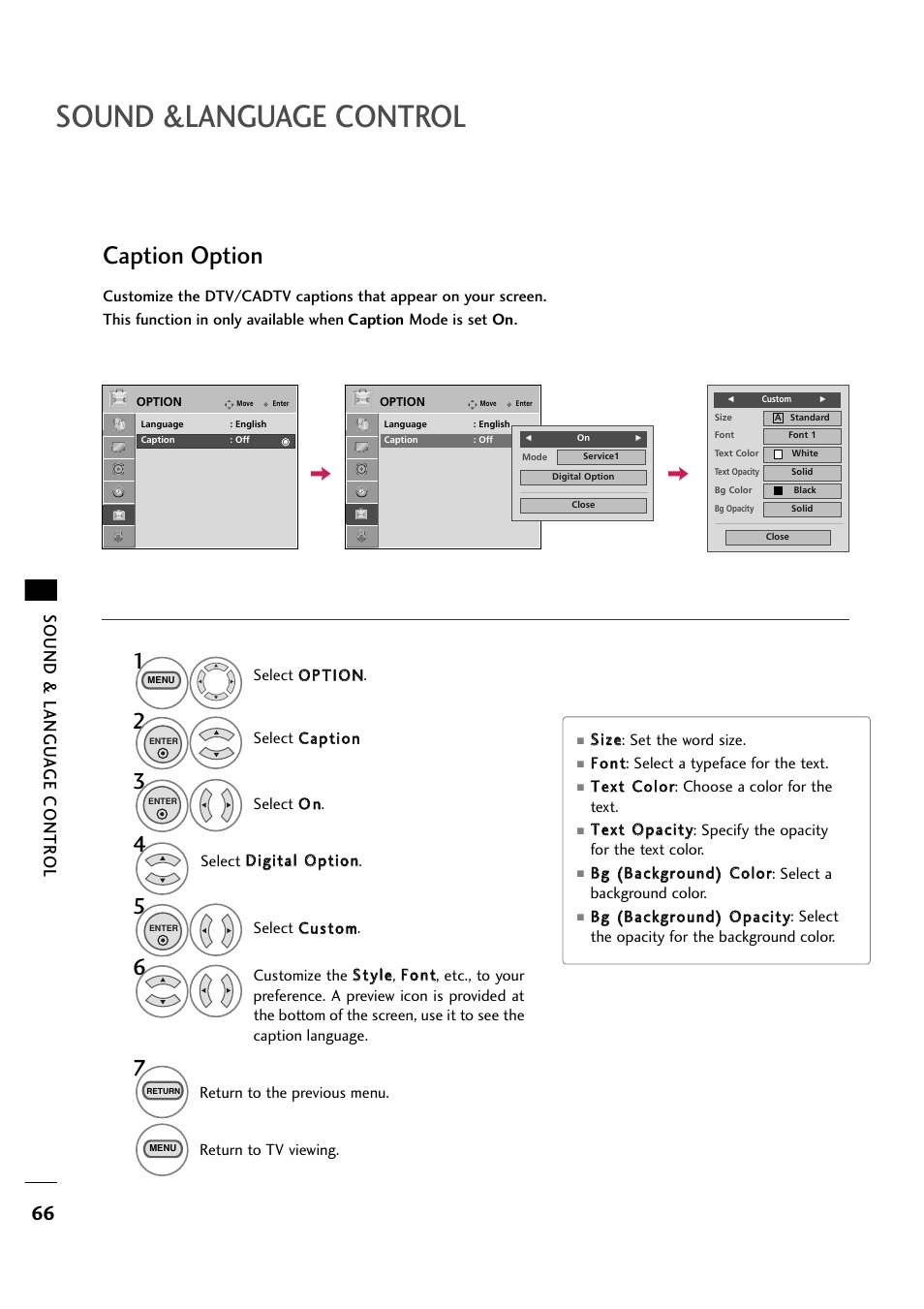 Sound &language control, Caption option, Sound & langu a ge contr ol | LG 263DCH User Manual | Page 68 / 88