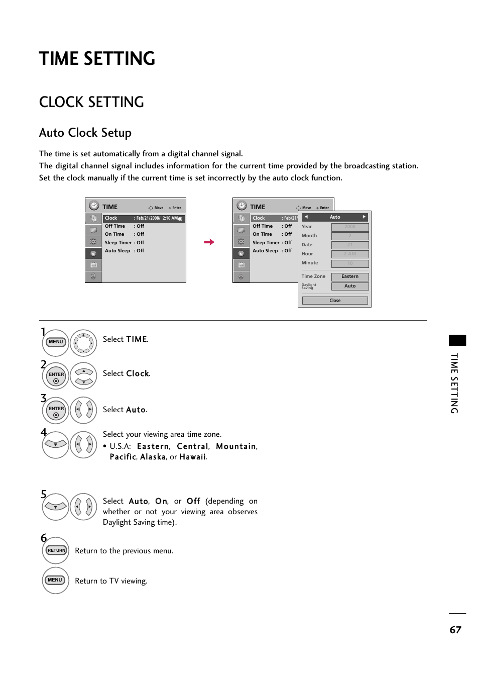 Clock setting, Auto clock setup, Time setting | LG 263DCH User Manual | Page 69 / 88