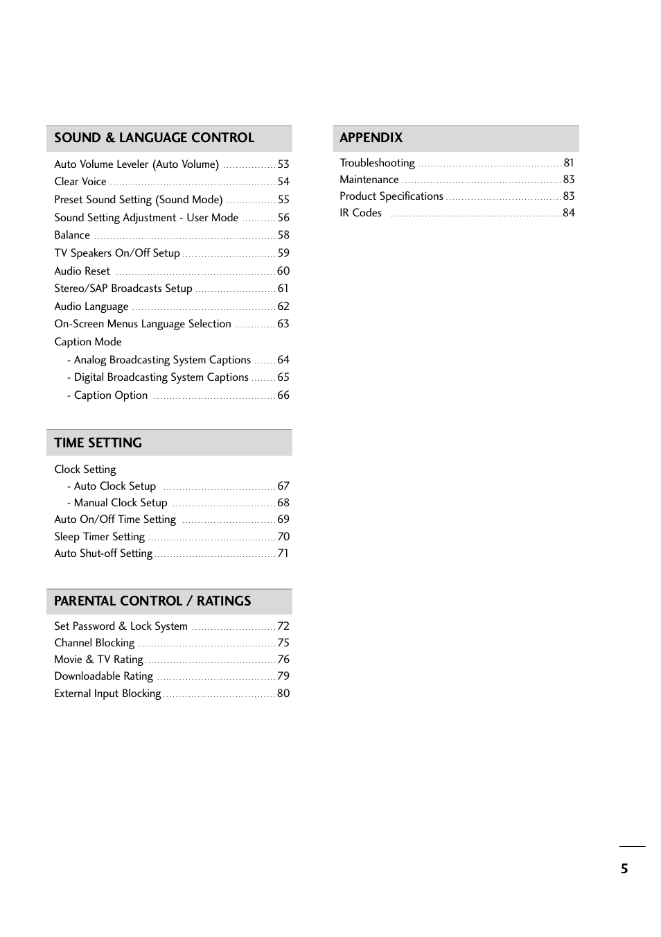 5sound & language control, Time setting, Parental control / ratings | Appendix | LG 263DCH User Manual | Page 7 / 88