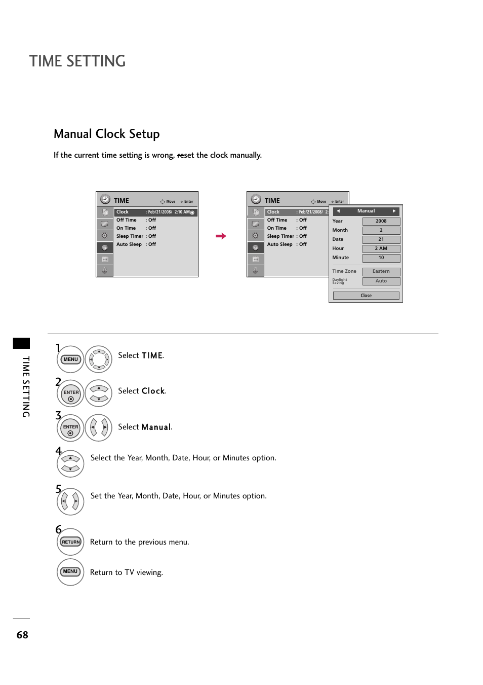 Manual clock setup, Time setting, Set the year, month, date, hour, or minutes option | Return to the previous menu, Return to tv viewing | LG 263DCH User Manual | Page 70 / 88