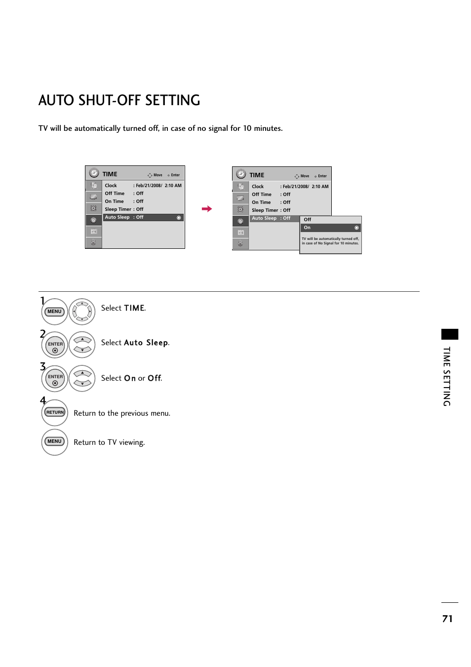 Auto shut-off setting, Time setting | LG 263DCH User Manual | Page 73 / 88