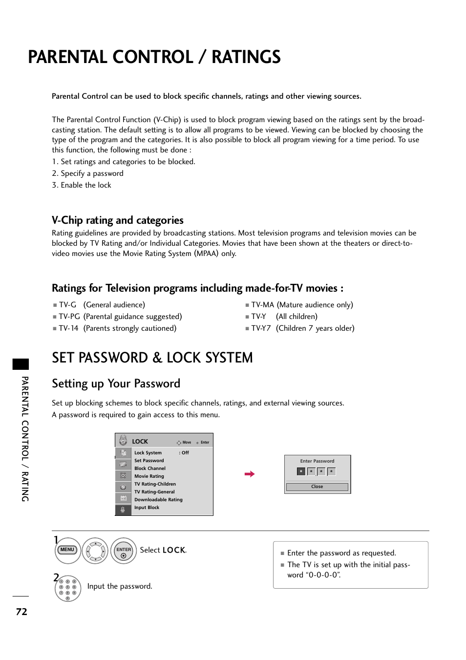 Parental control / ratings, Set password & lock system, Setting up your password | V-chip rating and categories, Parent al contr ol / r a ting | LG 263DCH User Manual | Page 74 / 88