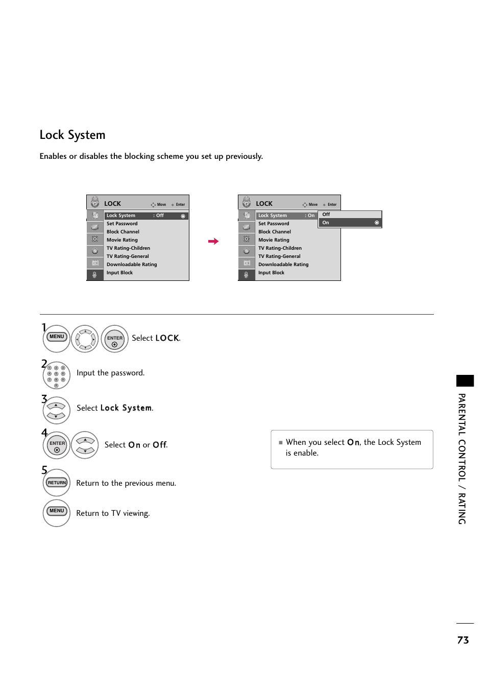 Lock system, Parent al contr ol / r a ting | LG 263DCH User Manual | Page 75 / 88