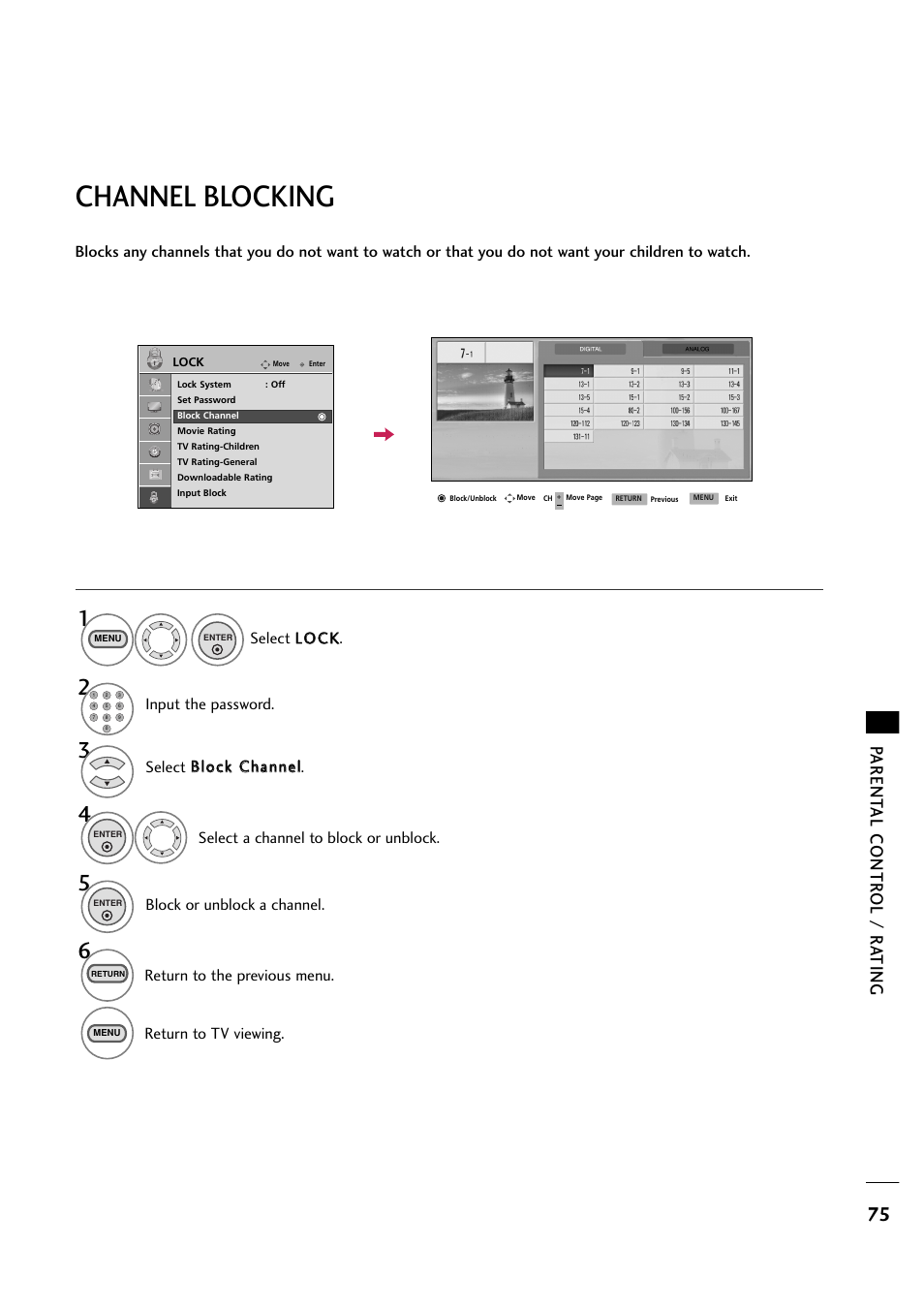 Channel blocking, Parent al contr ol / r a ting | LG 263DCH User Manual | Page 77 / 88