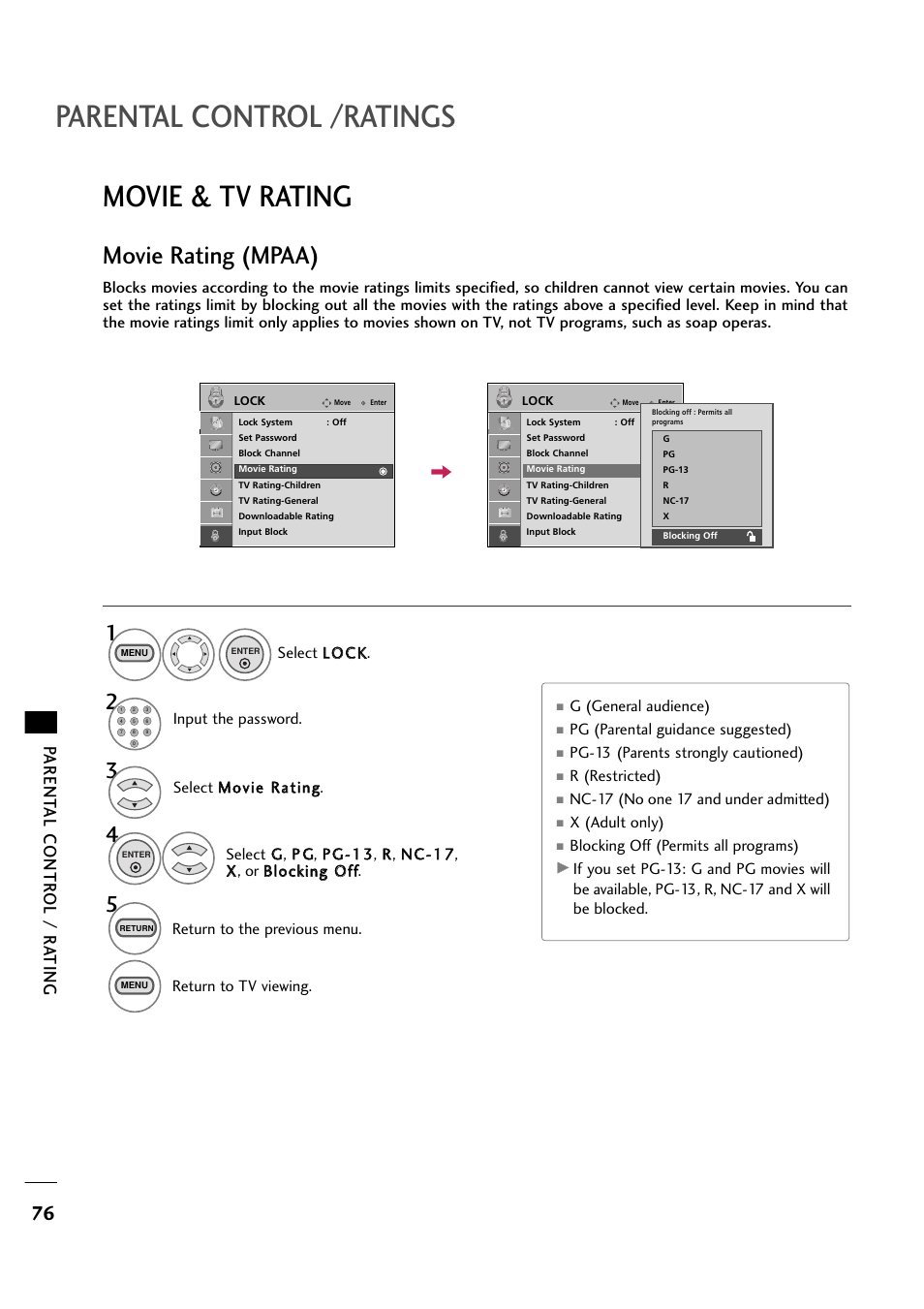 Parental control /ratings, Movie & tv rating, Movie rating (mpaa) | Parent al contr ol / r a ting | LG 263DCH User Manual | Page 78 / 88