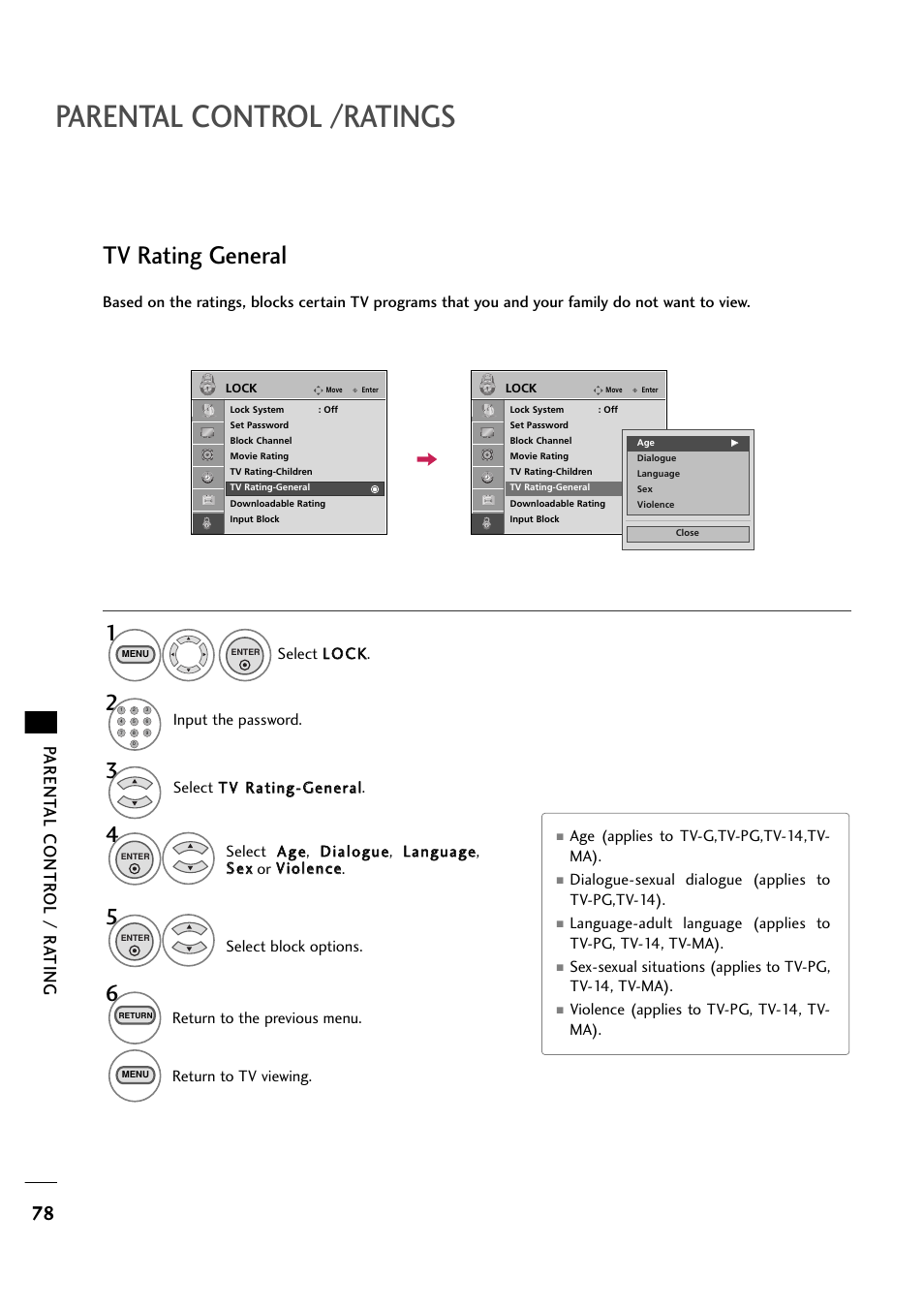 Parental control /ratings, Tv rating general, Parent al contr ol / r a ting | LG 263DCH User Manual | Page 80 / 88