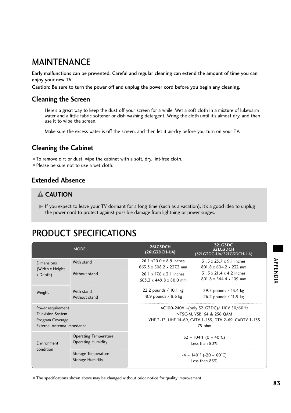 Maintenance, Product specifications, Cleaning the screen | Cleaning the cabinet, Extended absence, Caution, Appendix | LG 263DCH User Manual | Page 85 / 88