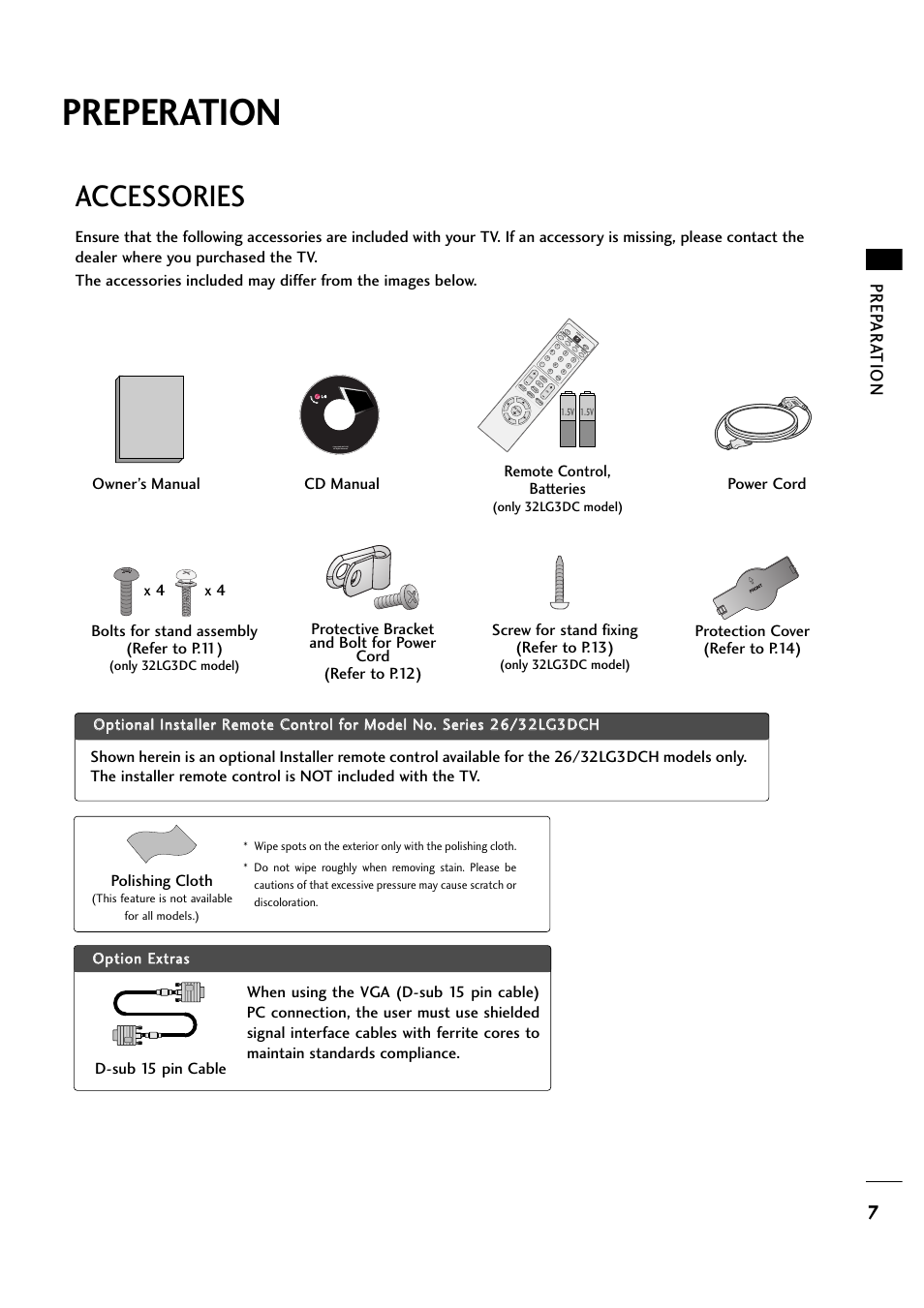 Preperation, Accessories, Prep ar a t ion | Polishing cloth, D-sub 15 pin cable | LG 263DCH User Manual | Page 9 / 88