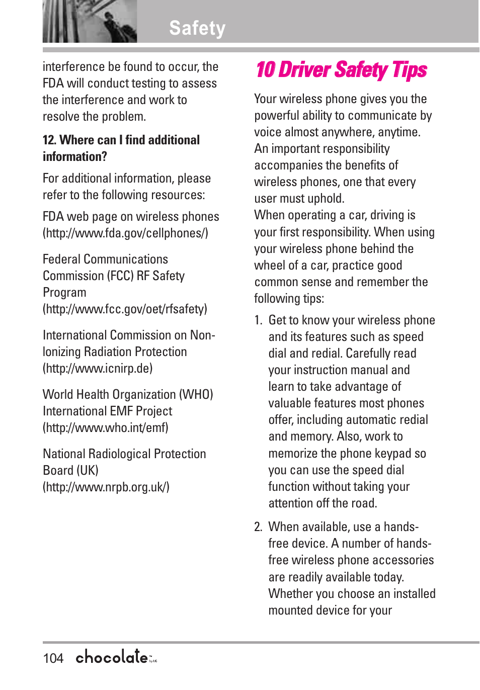 1100 d drriivve err s sa affe ettyy t tiip pss, Safety | LG Chocolate VX8550 User Manual | Page 106 / 123