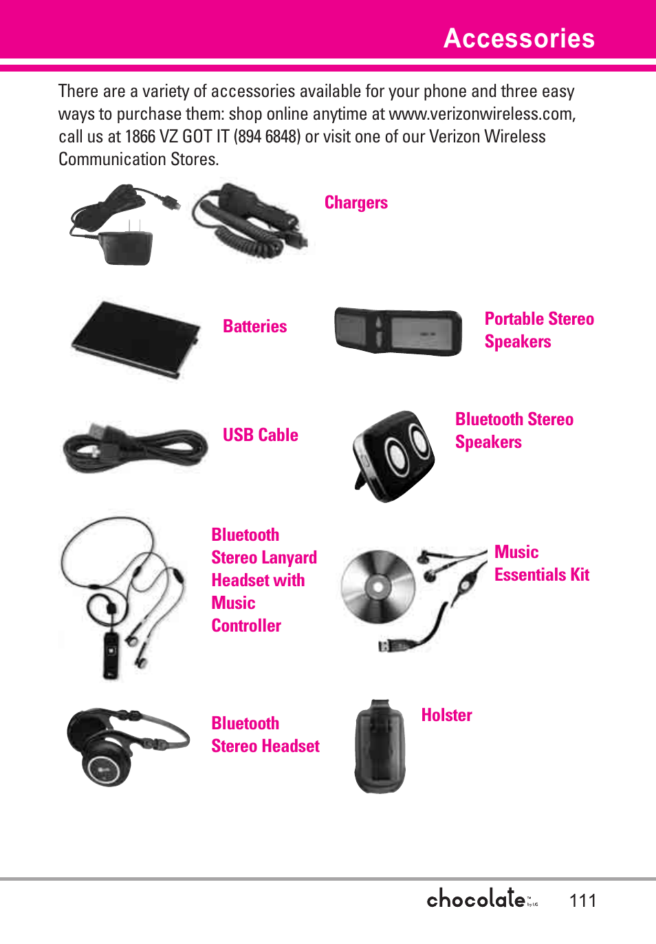 Accessories | LG Chocolate VX8550 User Manual | Page 113 / 123