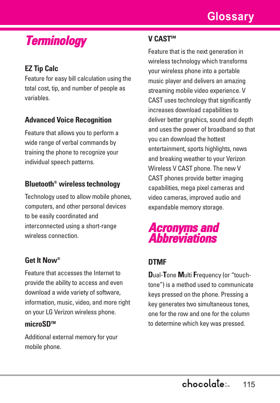Tte errm miin no ollo og gyy, Glossary | LG Chocolate VX8550 User Manual | Page 117 / 123