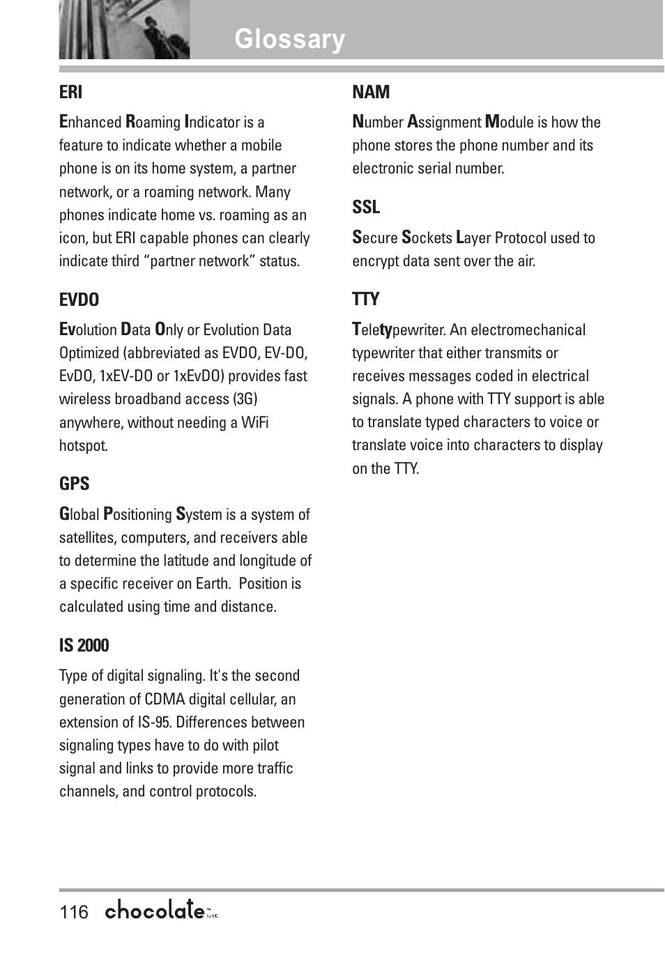 Glossary | LG Chocolate VX8550 User Manual | Page 118 / 123