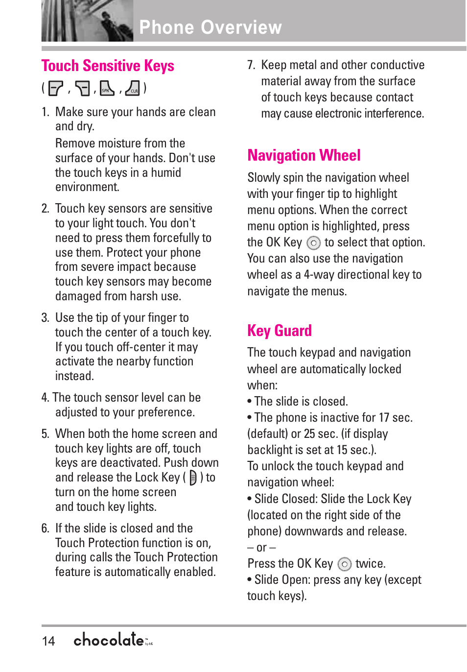 Phone overview, Touch sensitive keys, Navigation wheel | Key guard | LG Chocolate VX8550 User Manual | Page 16 / 123