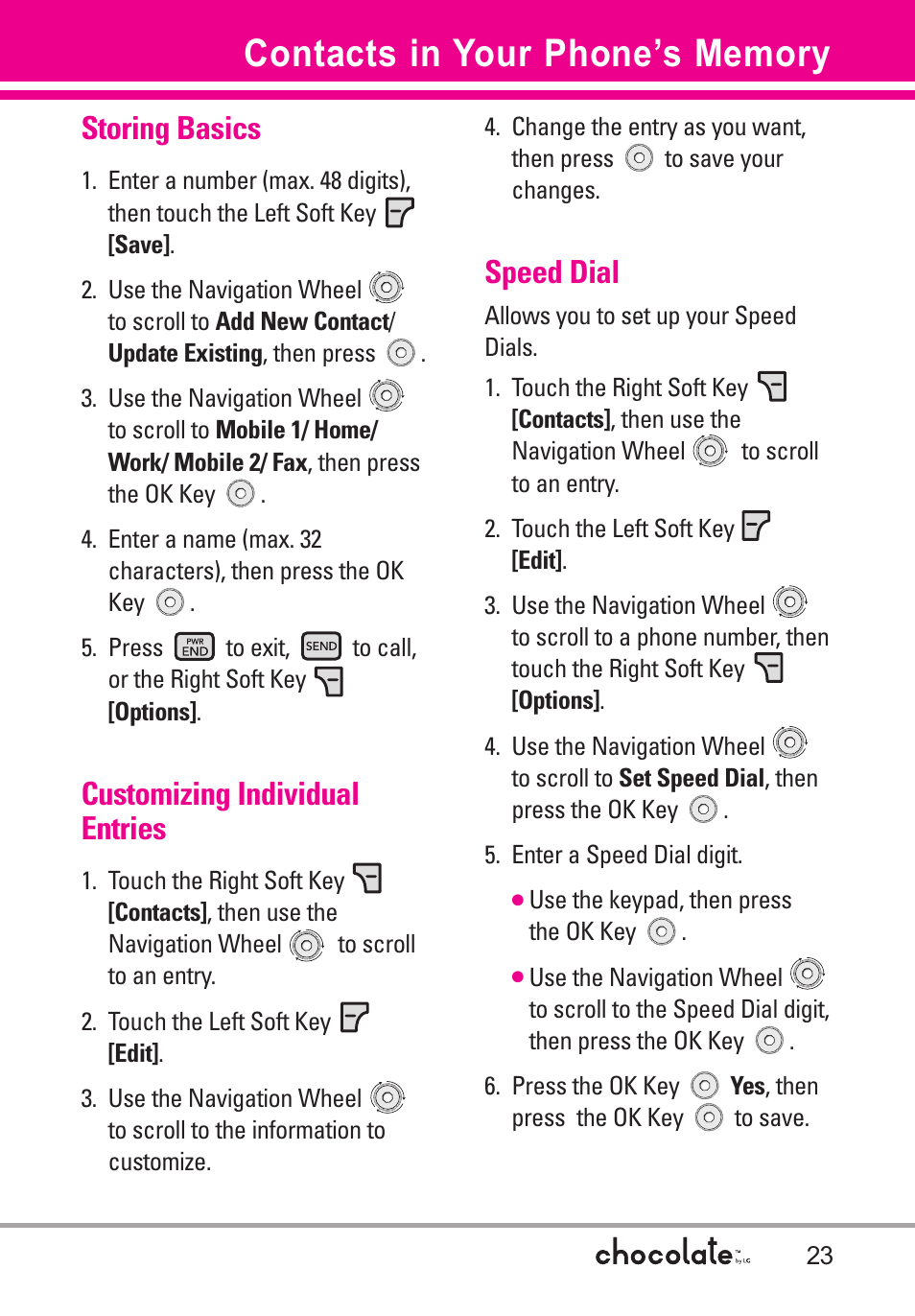 Storing basics, Customizing individual entries, Speed dial | LG Chocolate VX8550 User Manual | Page 25 / 123