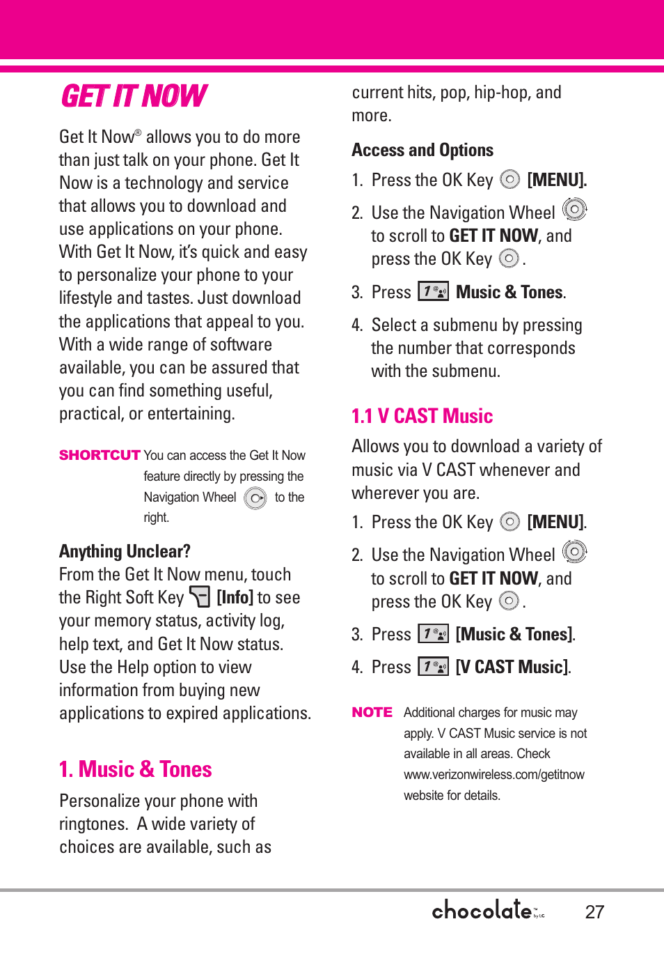 Gge et t iit t n no ow w, Music & tones | LG Chocolate VX8550 User Manual | Page 29 / 123