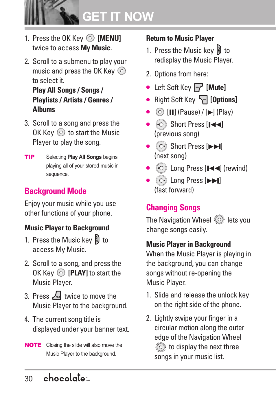 Get it now, Background mode, Changing songs | LG Chocolate VX8550 User Manual | Page 32 / 123