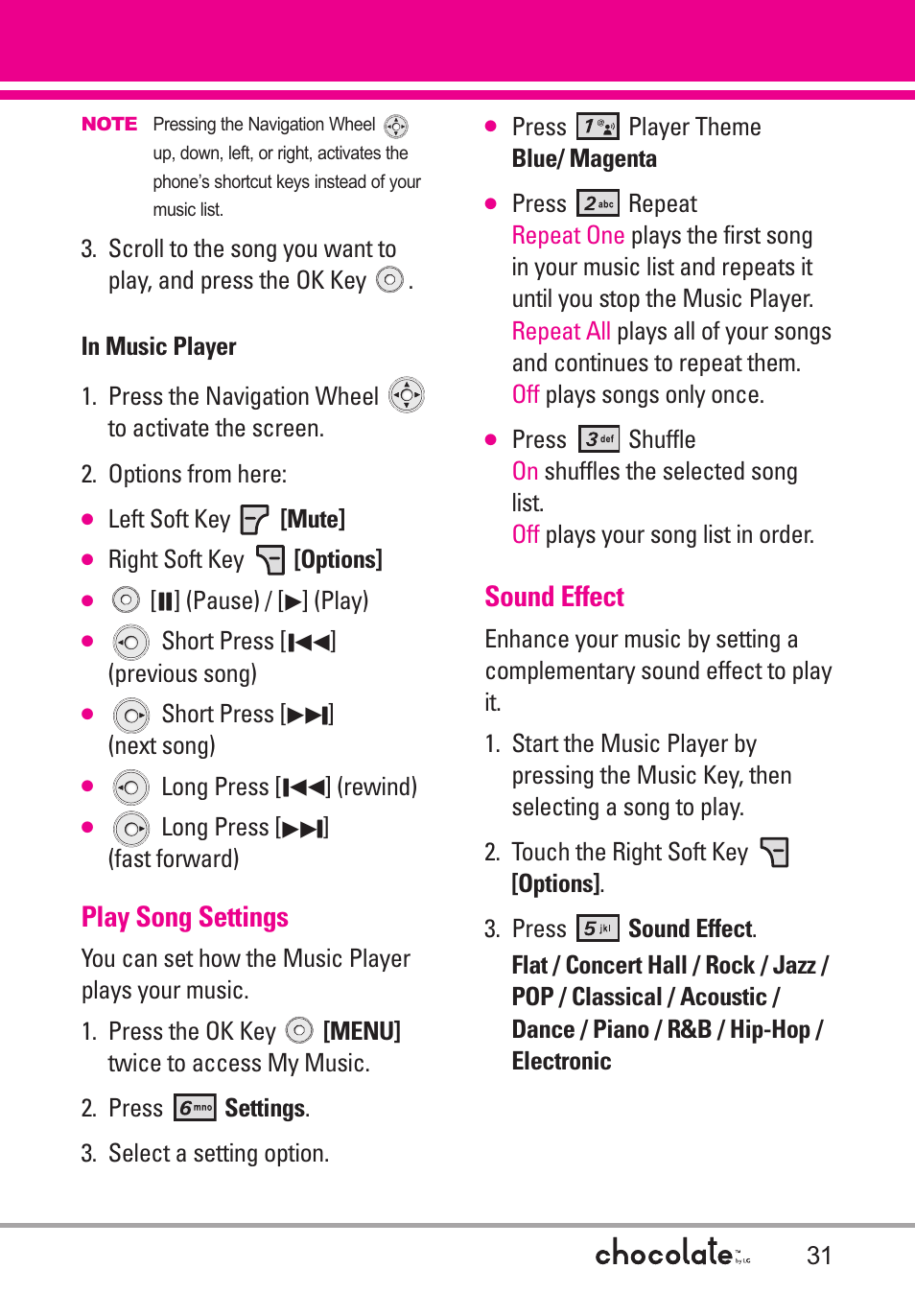 Play song settings, Sound effect | LG Chocolate VX8550 User Manual | Page 33 / 123