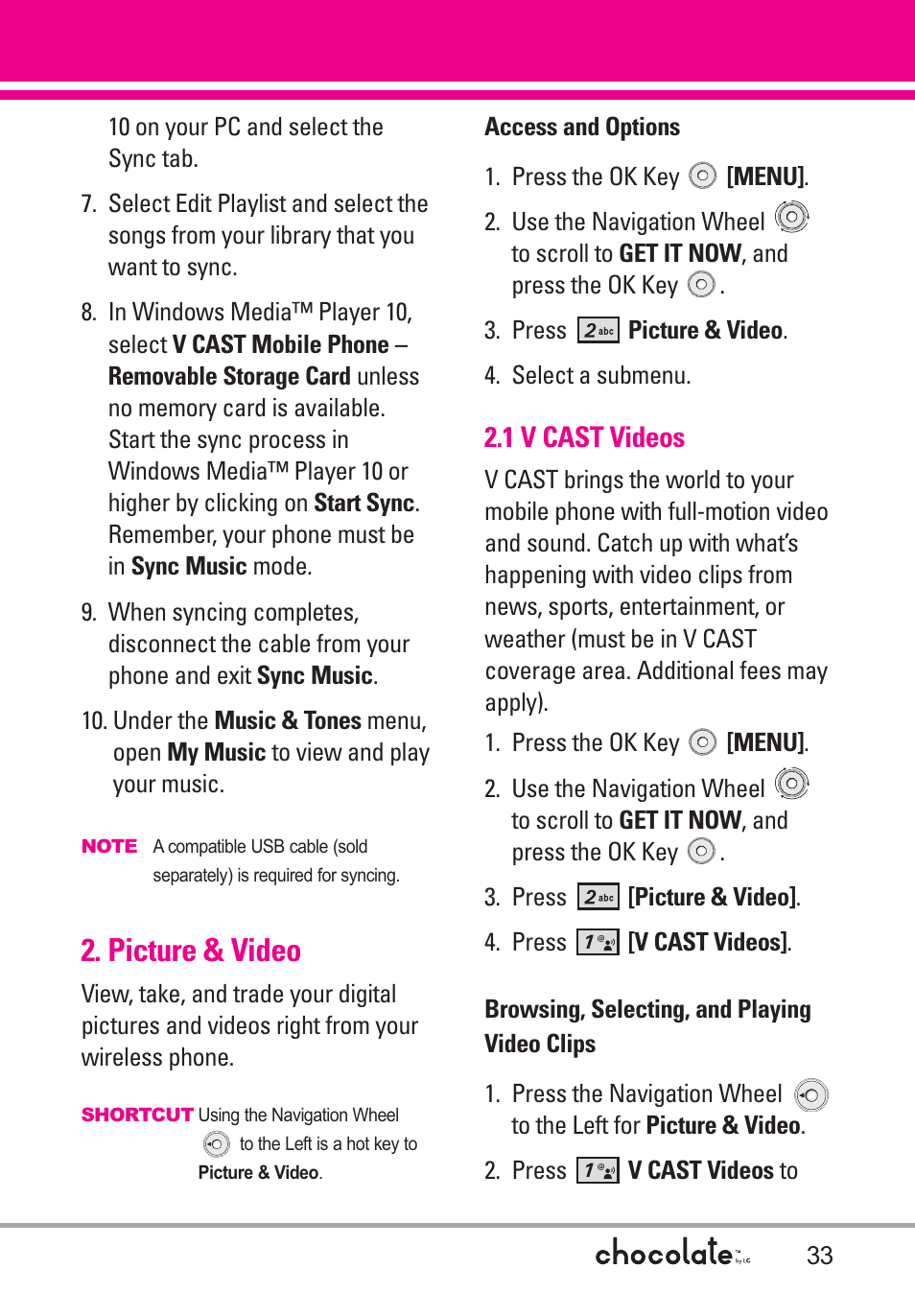 Picture & video, 1 v cast videos | LG Chocolate VX8550 User Manual | Page 35 / 123