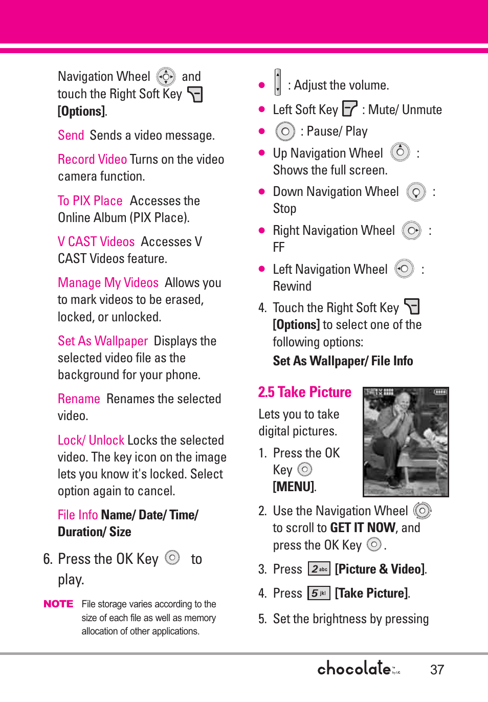 Press the ok key to play, 5 take picture | LG Chocolate VX8550 User Manual | Page 39 / 123