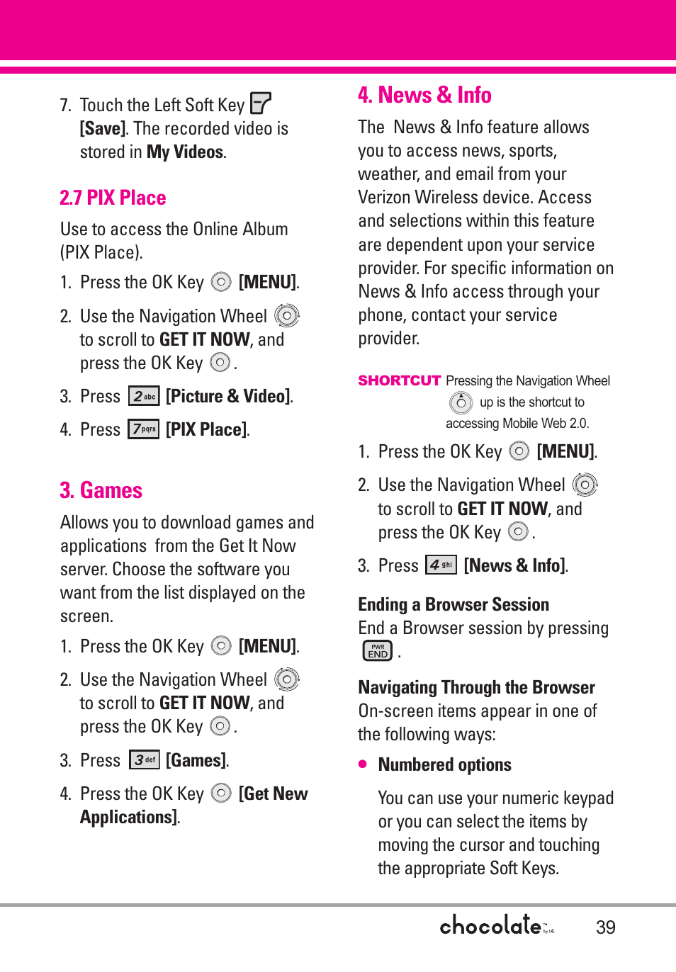 Games, News & info | LG Chocolate VX8550 User Manual | Page 41 / 123