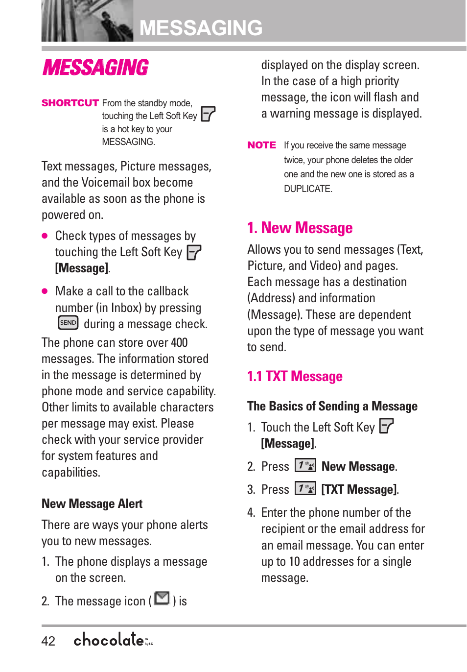 Messaging m me es ss sa ag giin ng g, New message | LG Chocolate VX8550 User Manual | Page 44 / 123