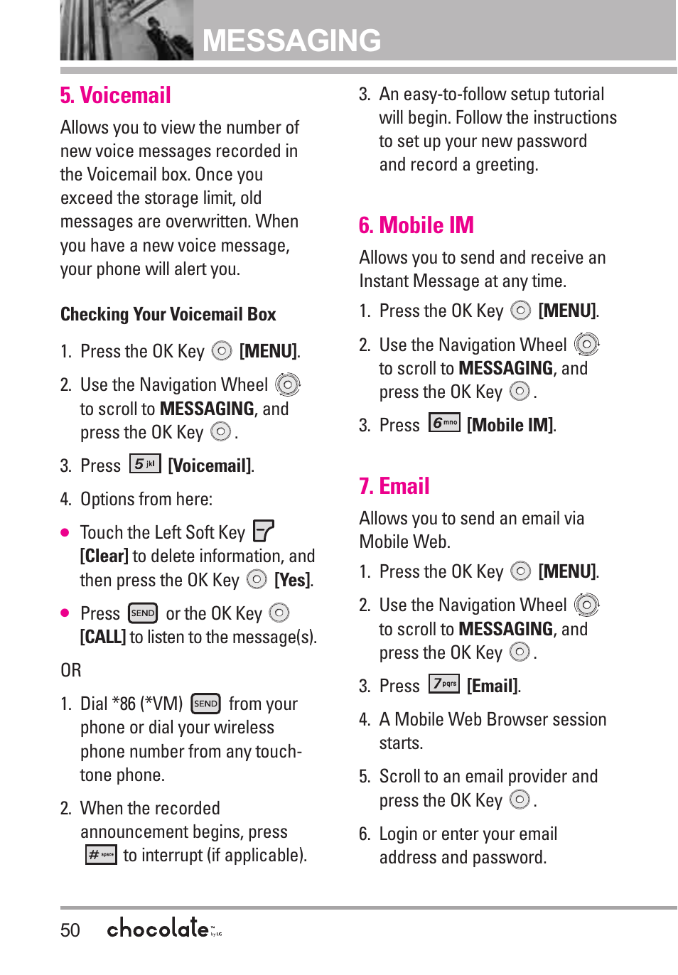 Messaging, Voicemail, Mobile im | Email | LG Chocolate VX8550 User Manual | Page 52 / 123