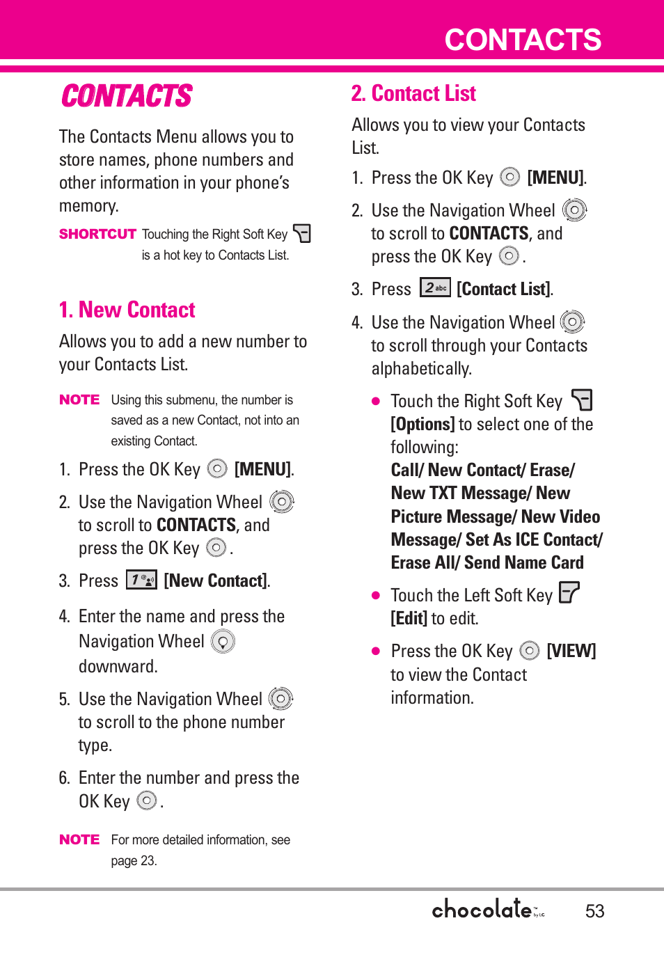 Cco on nt ta ac ct ts s, Contacts, New contact | Contact list | LG Chocolate VX8550 User Manual | Page 55 / 123