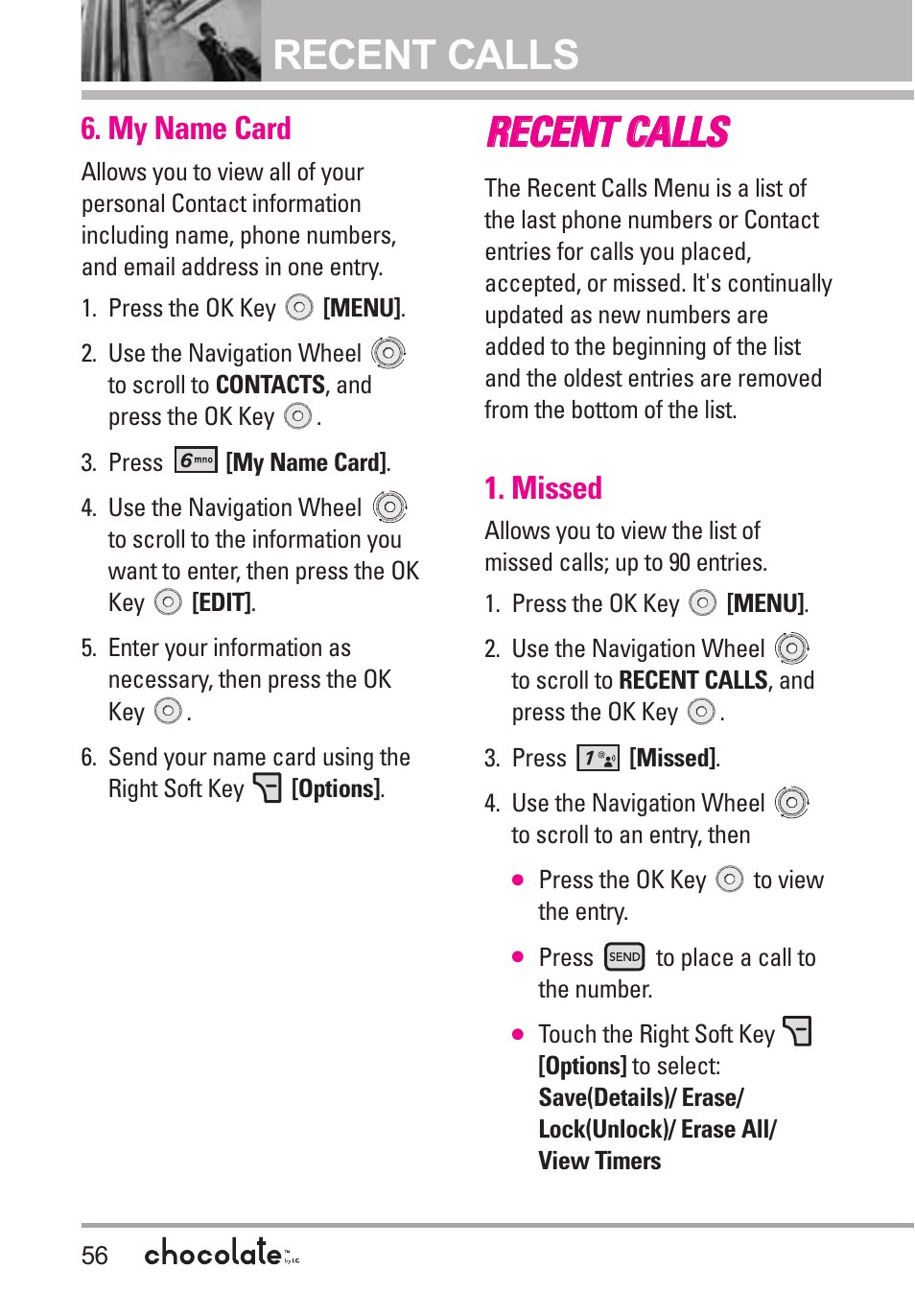 Recent calls | LG Chocolate VX8550 User Manual | Page 58 / 123