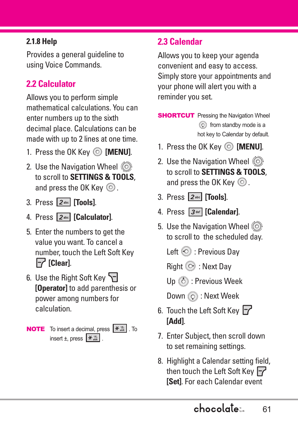 2 calculator, 3 calendar | LG Chocolate VX8550 User Manual | Page 63 / 123