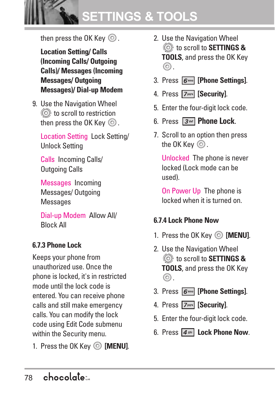 Settings & tools | LG Chocolate VX8550 User Manual | Page 80 / 123