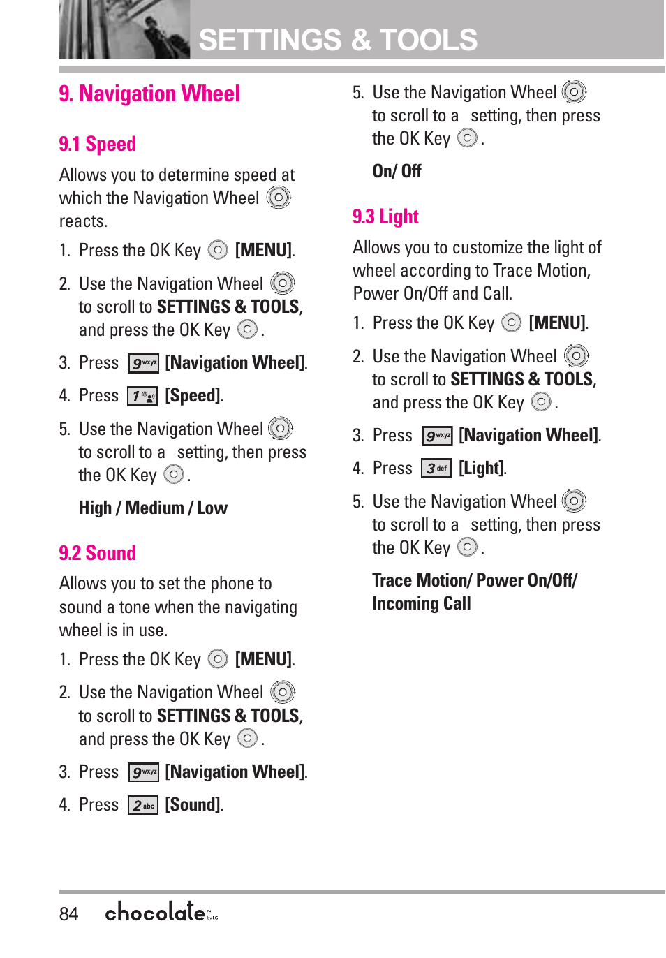 Settings & tools, Navigation wheel | LG Chocolate VX8550 User Manual | Page 86 / 123