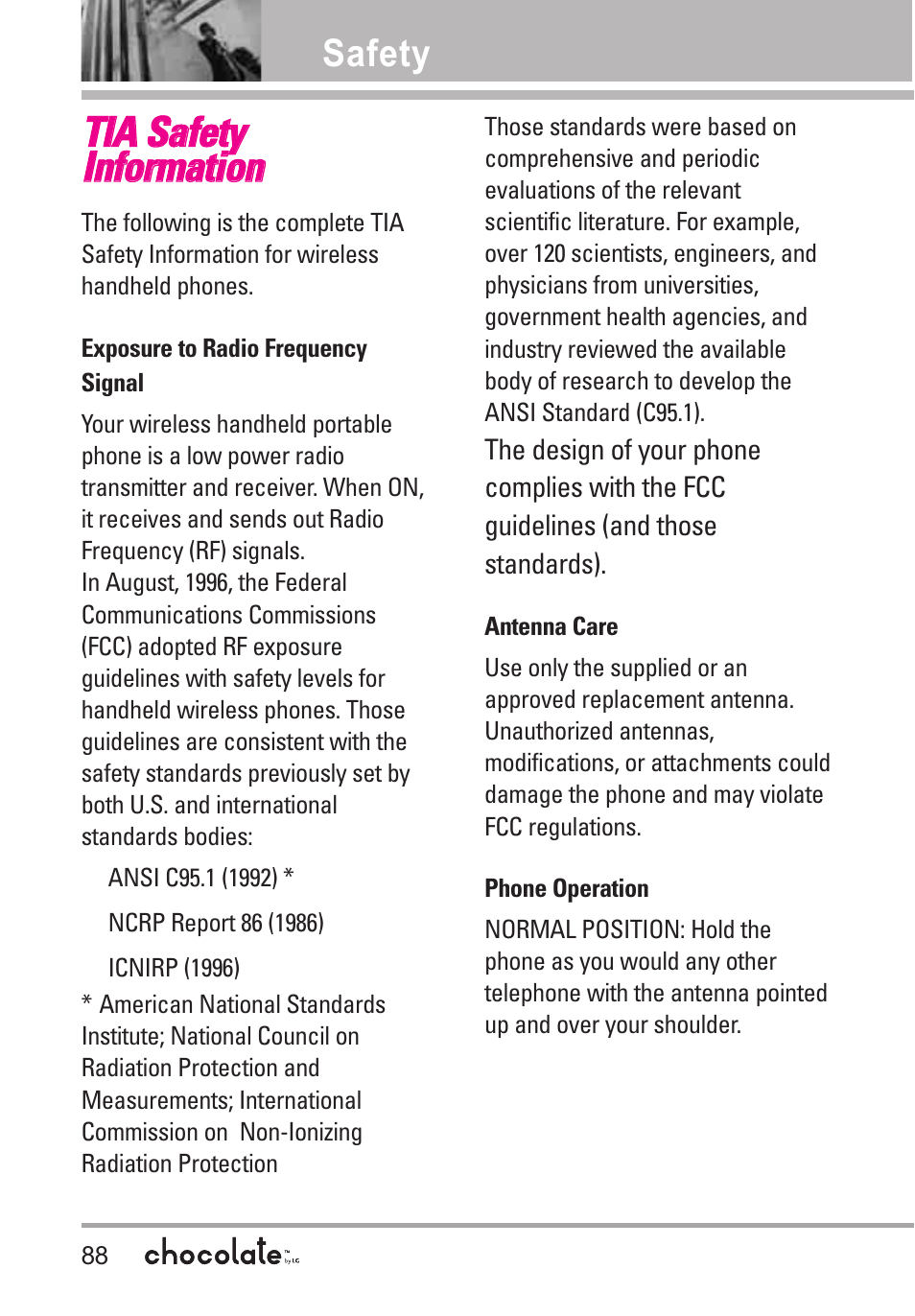 Safety | LG Chocolate VX8550 User Manual | Page 90 / 123