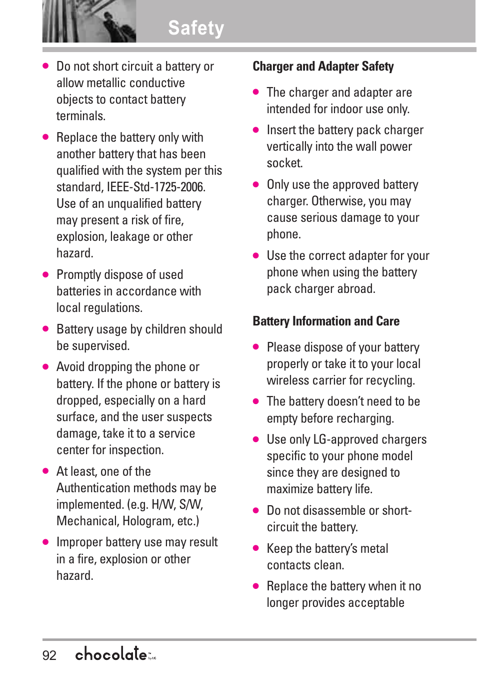 Safety, Battery usage by children should be supervised, Do not disassemble or short- circuit the battery | Keep the battery’s metal contacts clean | LG Chocolate VX8550 User Manual | Page 94 / 123