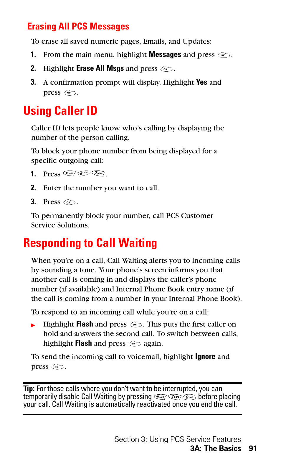 Erasing all pcs messages, Using caller id, Responding to call waiting | Using caller id responding to call waiting | LG Sprint 1200 User Manual | Page 101 / 128