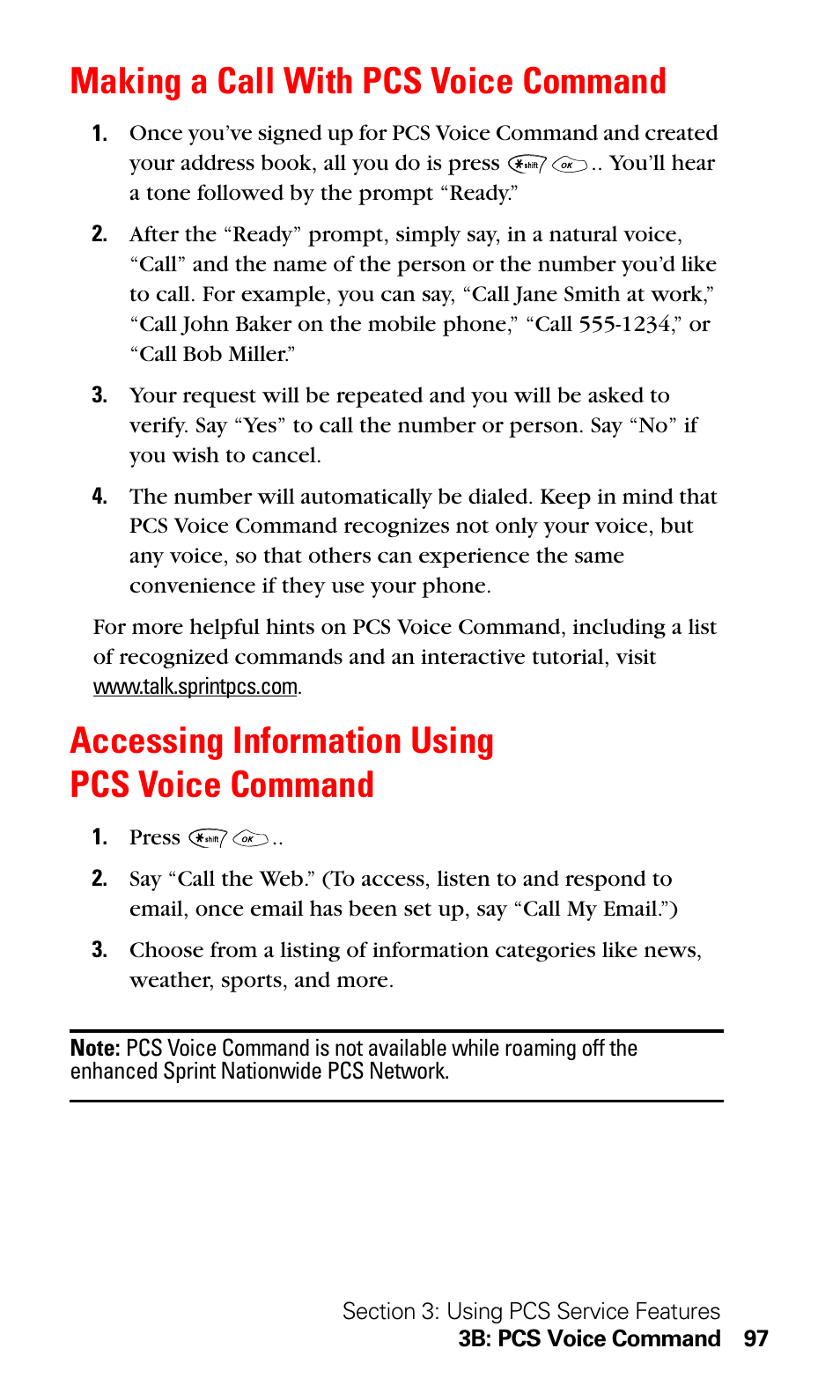 Making a call with pcs voice command, Accessing information using pcs voice command | LG Sprint 1200 User Manual | Page 107 / 128