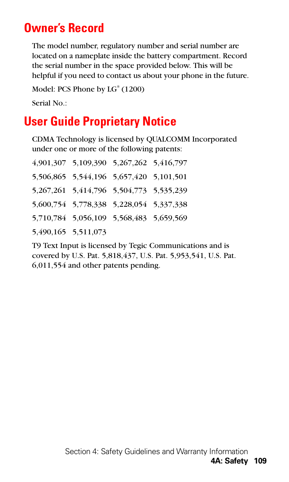Owner’s record, User guide proprietary notice, Owner’s record user guide proprietary notice | LG Sprint 1200 User Manual | Page 119 / 128