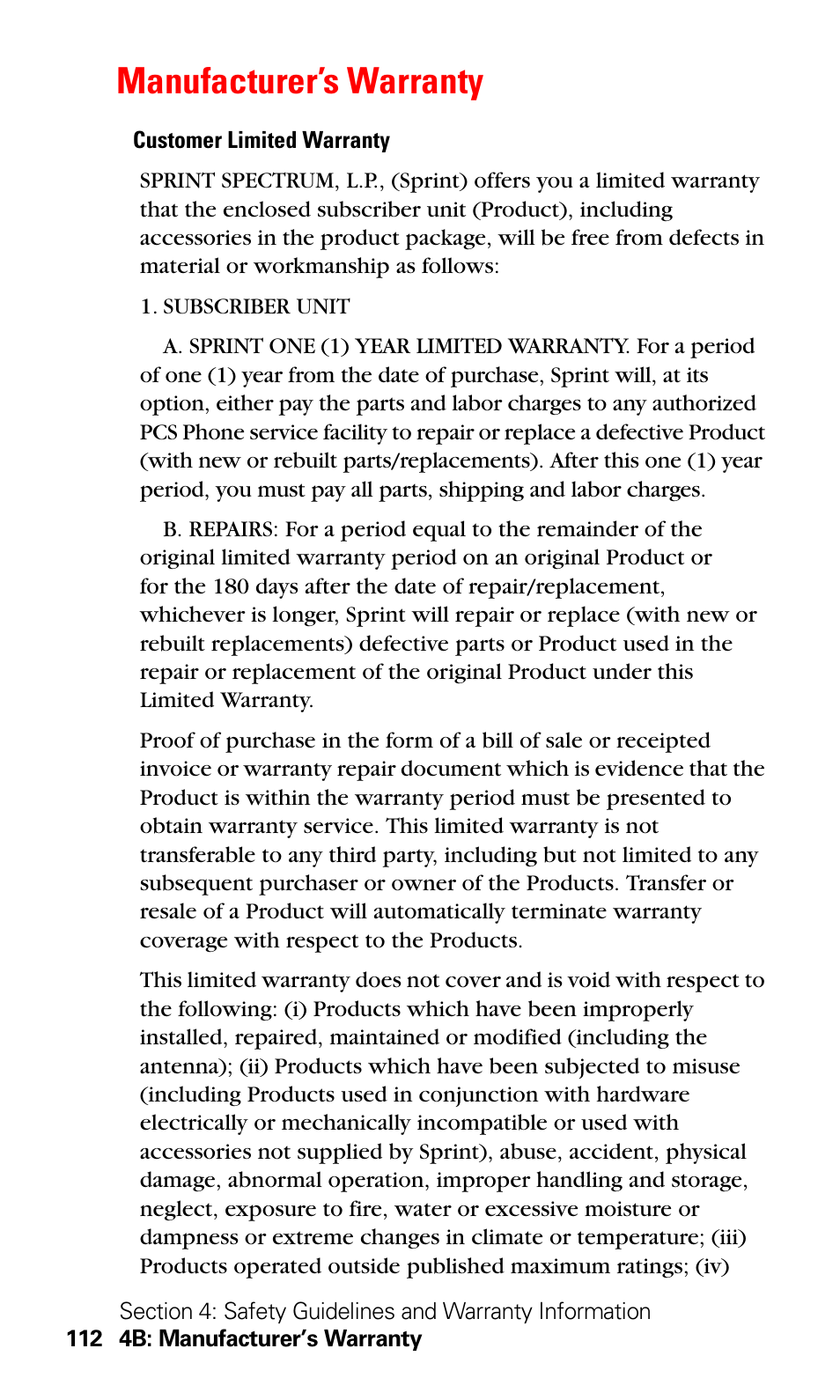 Manufacturer’s warranty | LG Sprint 1200 User Manual | Page 122 / 128