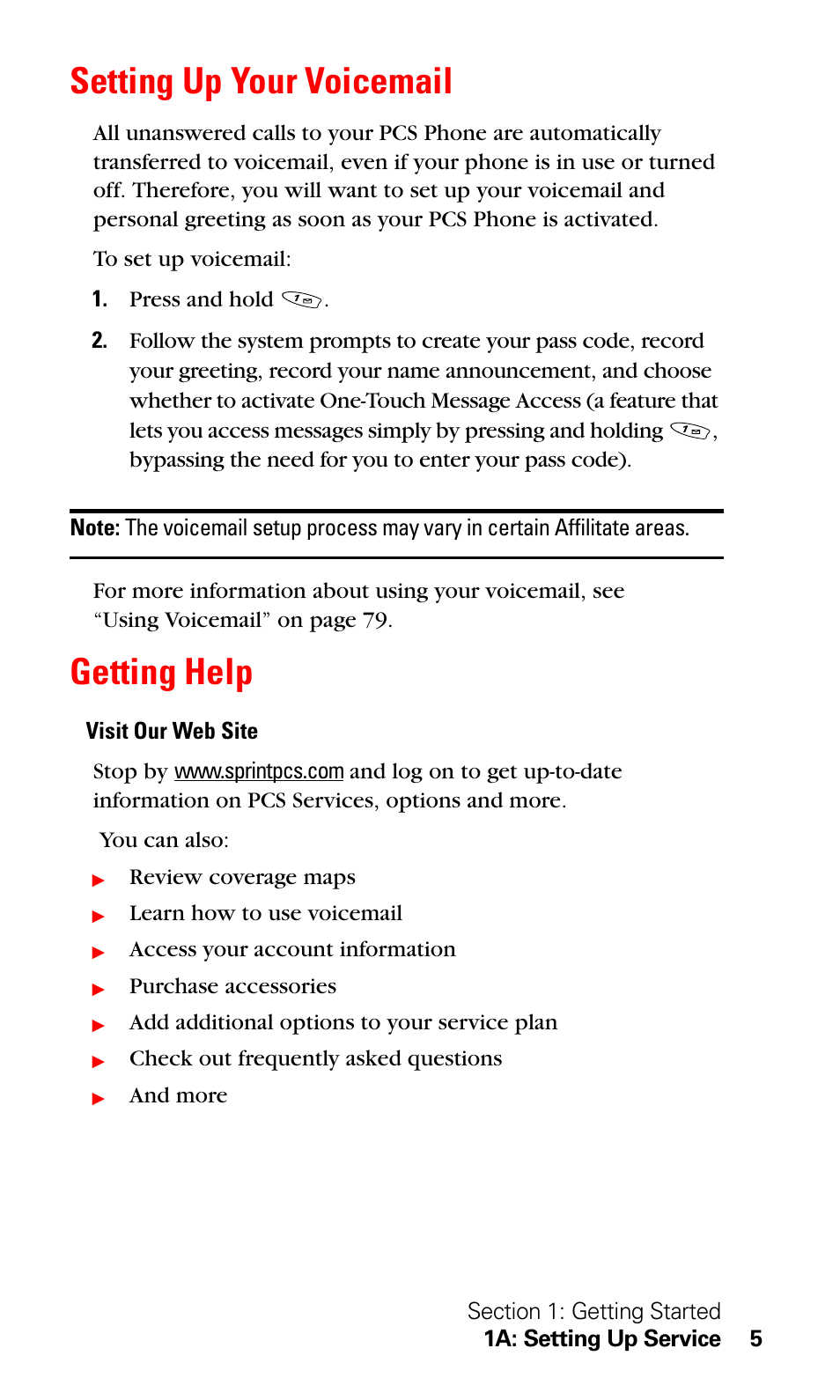 Setting up your voicemail, Getting help, Setting up your voicemail getting help | LG Sprint 1200 User Manual | Page 15 / 128