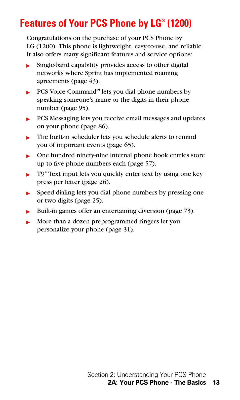 Features of your pcs phone by lg® (1200), Features of your pcs phone by lg, Pcs voice command | LG Sprint 1200 User Manual | Page 23 / 128