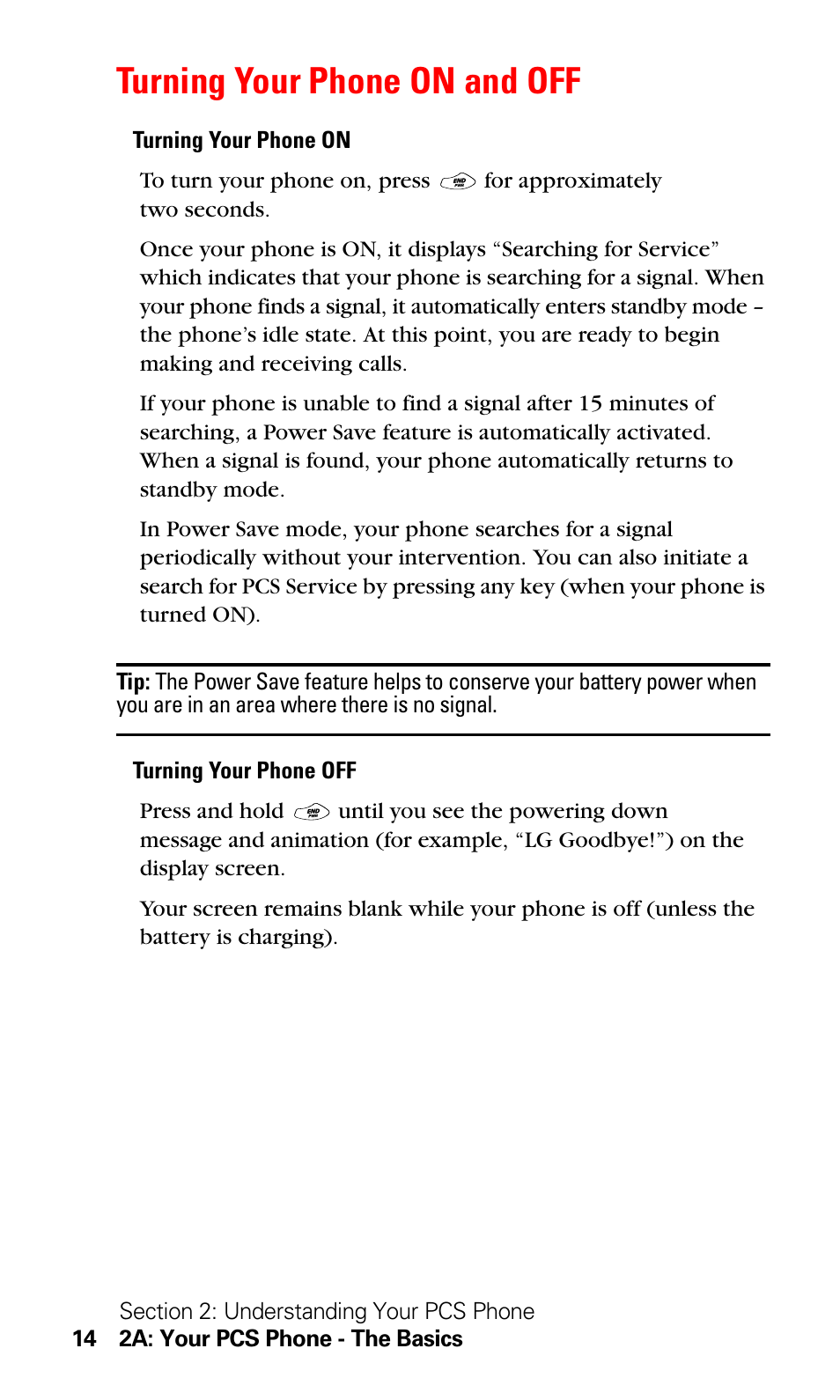 Turning your phone on and off | LG Sprint 1200 User Manual | Page 24 / 128