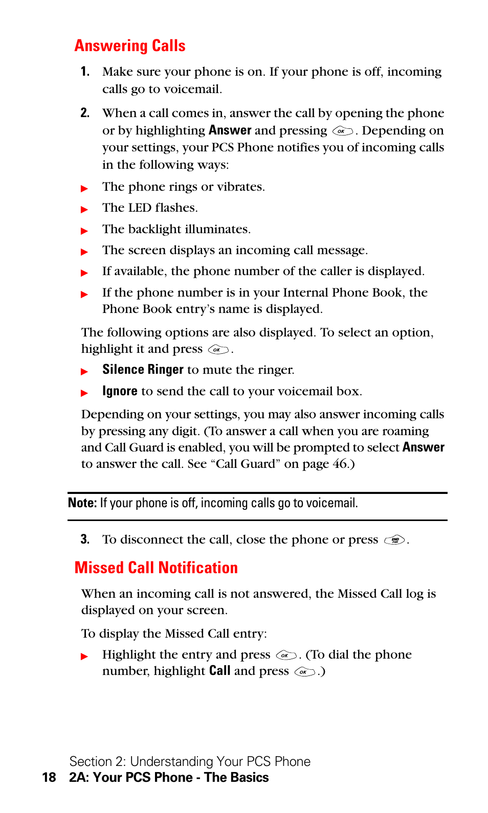 Answering calls, Missed call notification, Answering calls missed call notification | LG Sprint 1200 User Manual | Page 28 / 128