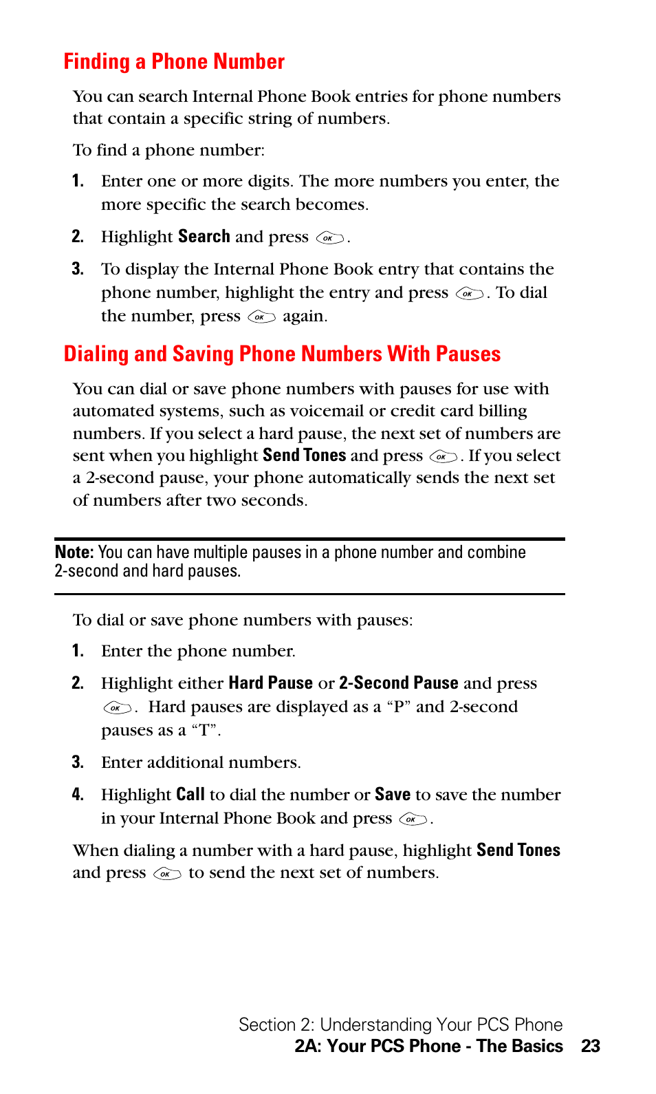 Finding a phone number, Dialing and saving phone numbers with pauses | LG Sprint 1200 User Manual | Page 33 / 128
