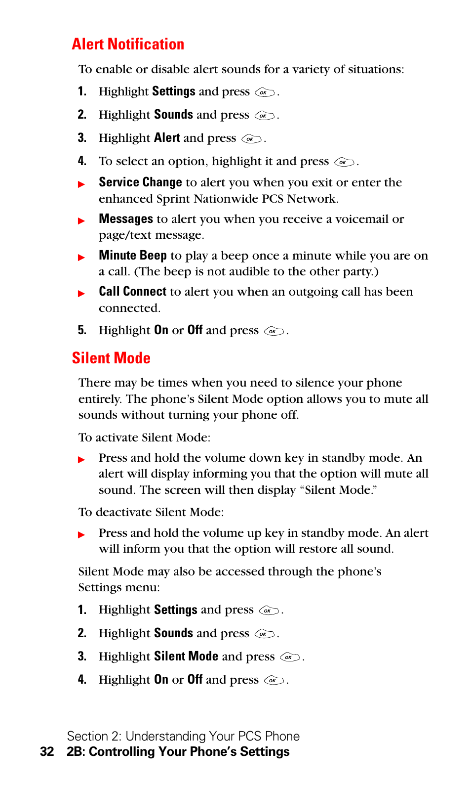 Alert notification, Silent mode, Alert notification silent mode | LG Sprint 1200 User Manual | Page 42 / 128