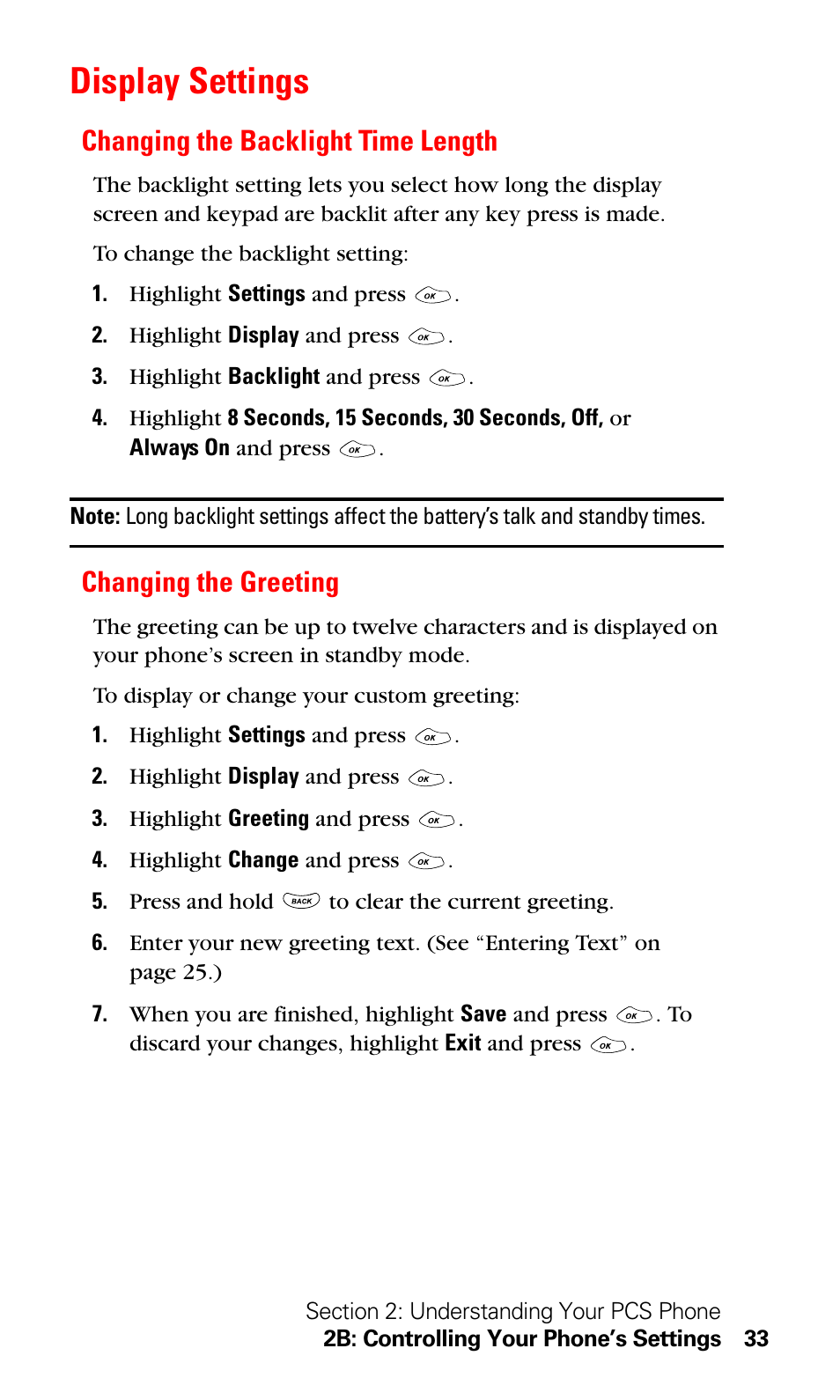 Display settings, Changing the backlight time length, Changing the greeting | LG Sprint 1200 User Manual | Page 43 / 128
