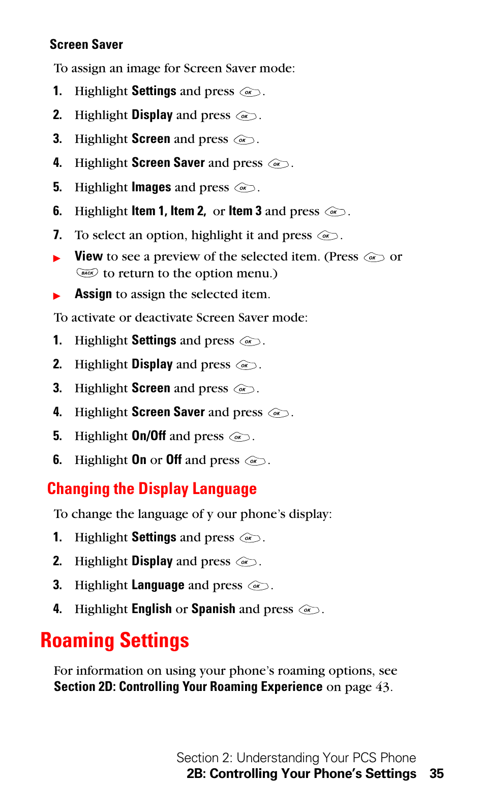 Changing the display language, Roaming settings | LG Sprint 1200 User Manual | Page 45 / 128