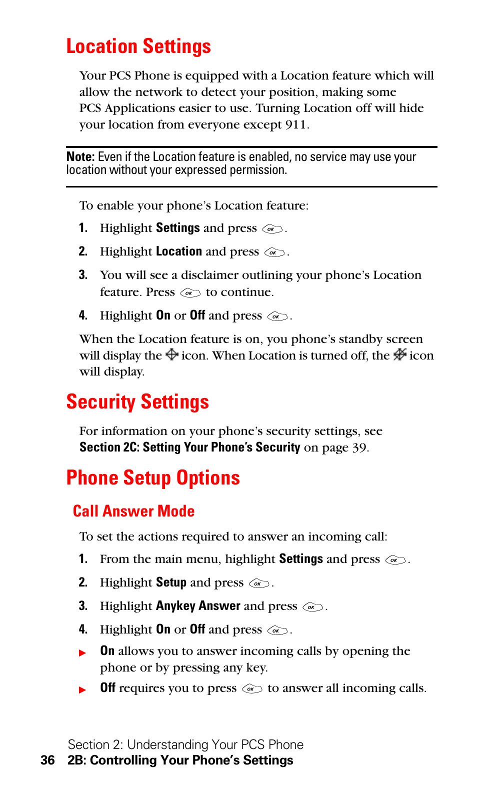 Location settings, Security settings, Phone setup options | Call answer mode, Location settings phone setup options | LG Sprint 1200 User Manual | Page 46 / 128