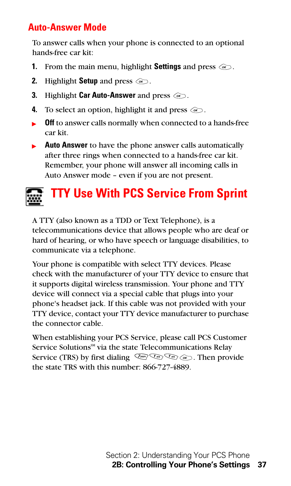 Auto-answer mode, Tty use with pcs service from sprint | LG Sprint 1200 User Manual | Page 47 / 128