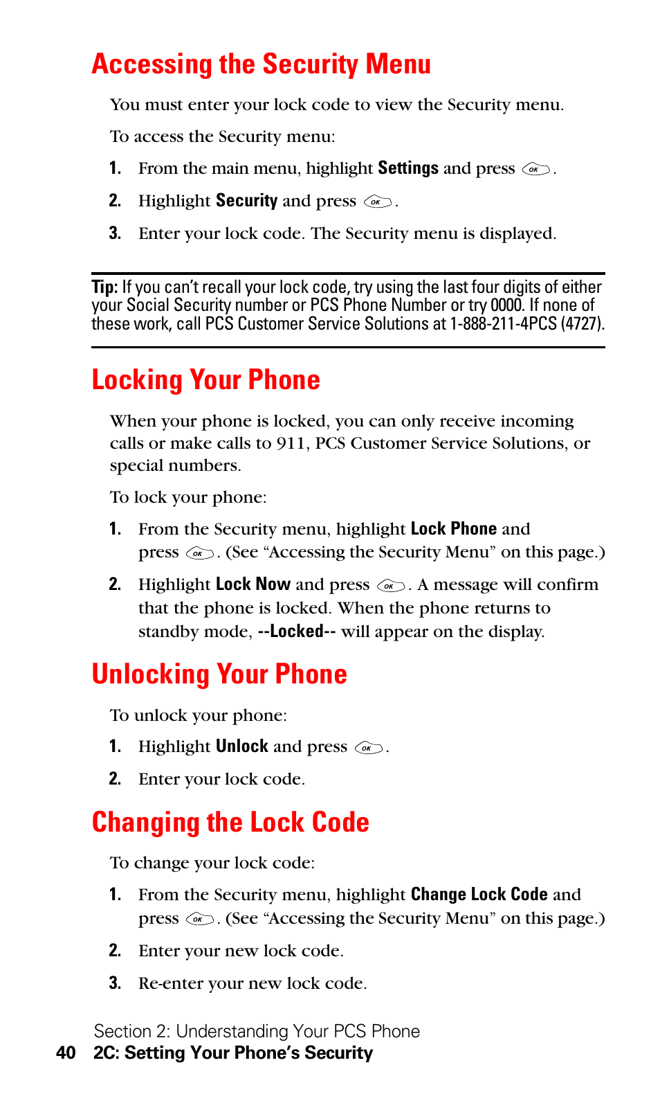 Accessing the security menu, Locking your phone, Unlocking your phone | Changing the lock code | LG Sprint 1200 User Manual | Page 50 / 128